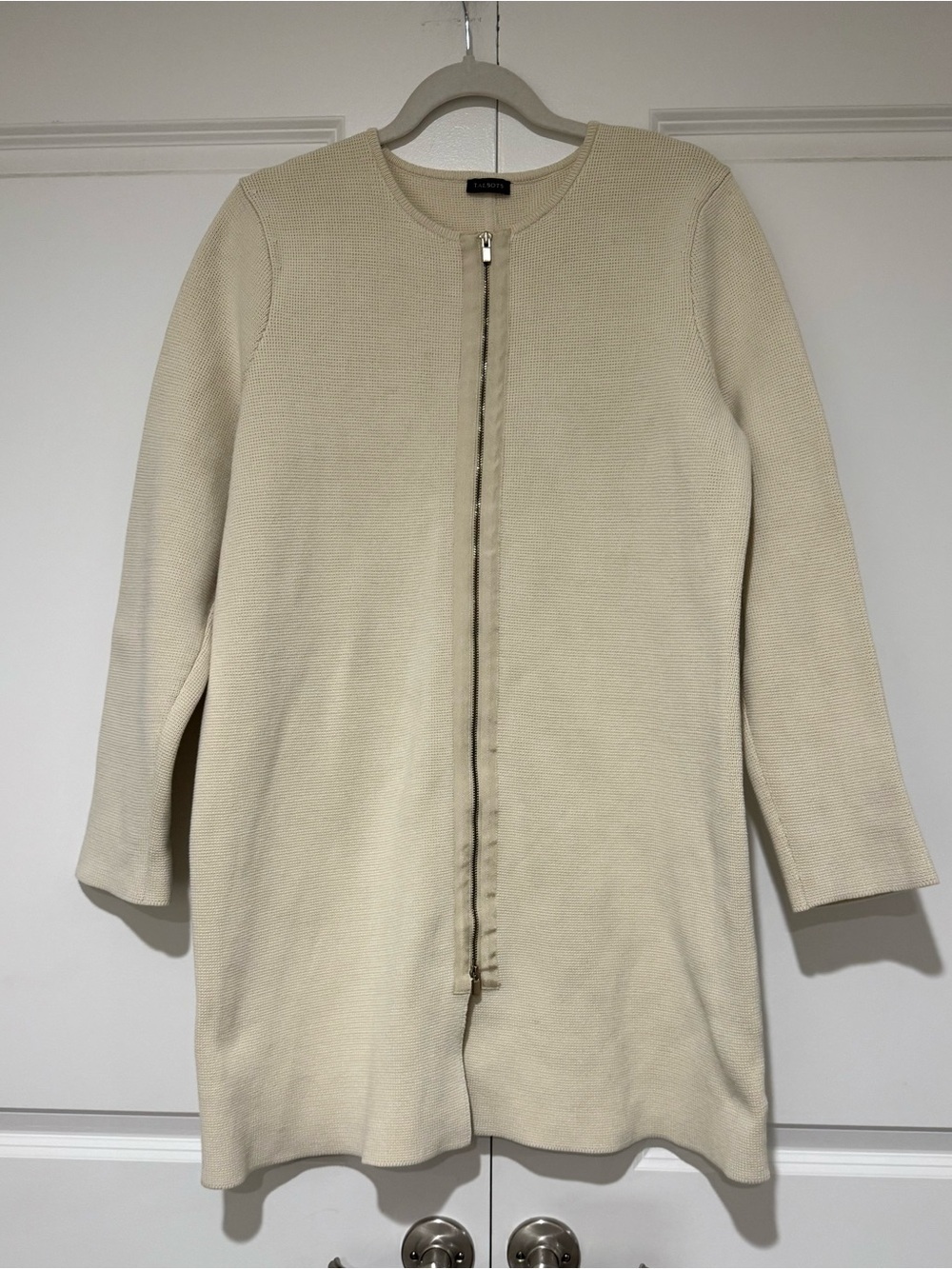 Talbots Cream Long Knit Zip-Front Cardigan Sweater Sz tag removed small stain